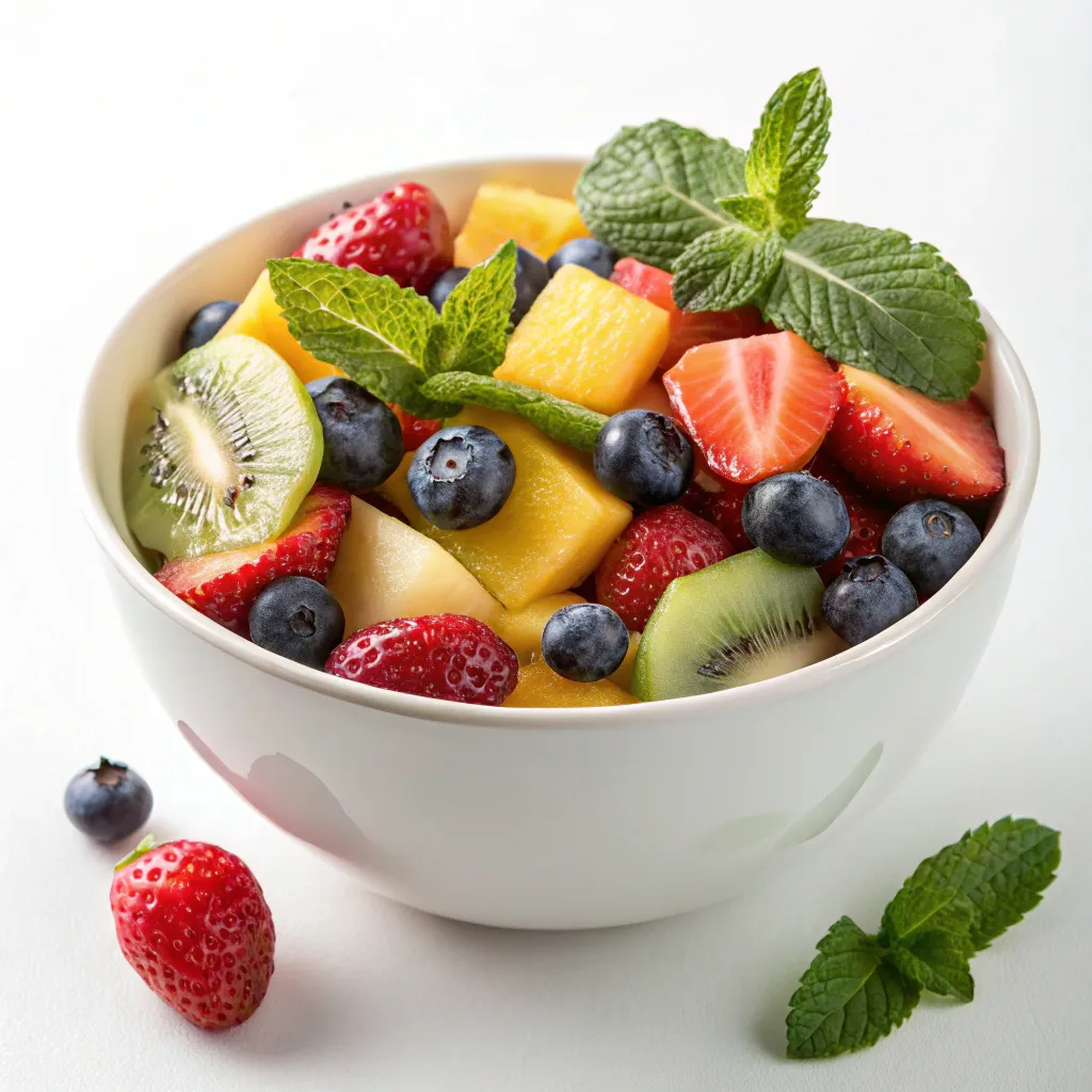 A refreshing bowl of mixed fruits with berries and mint