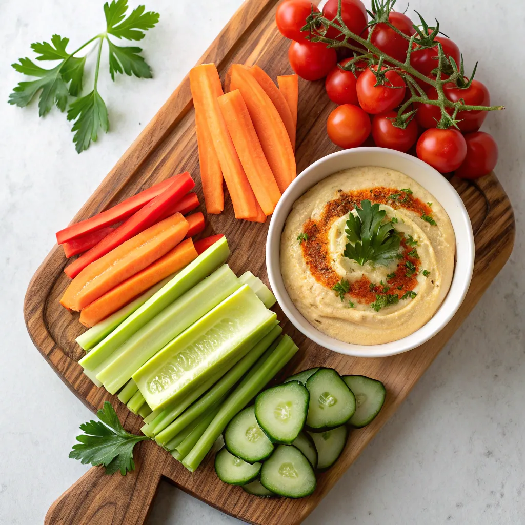 A colorful array of fresh vegetables with a side of hummus